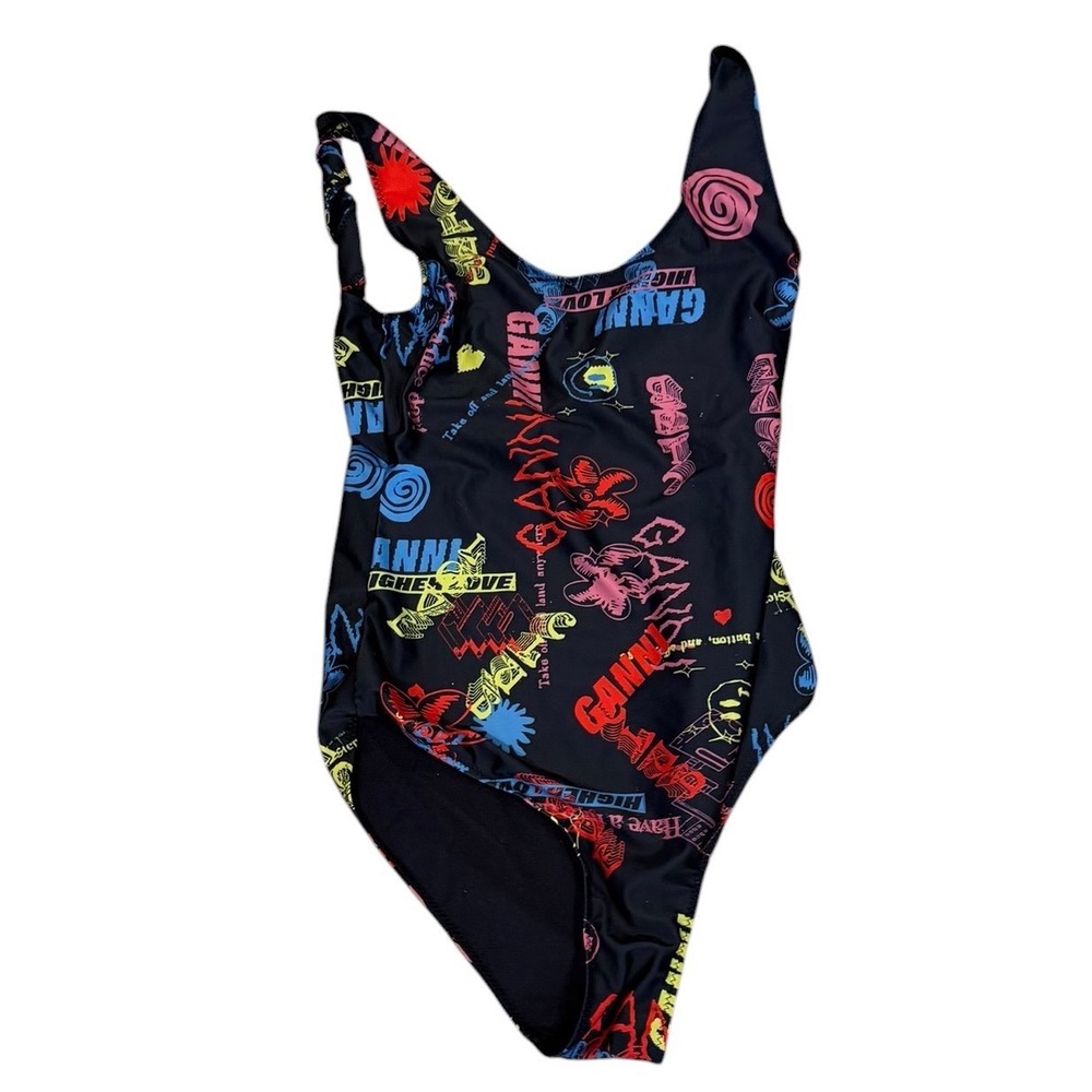 Ganni Graffiti Logo Print One Piece Swimsuit Black Multi Color Size 2 34 XS